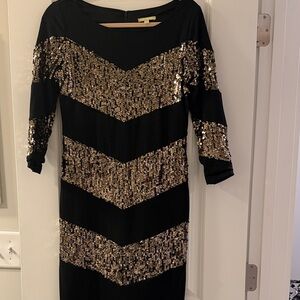 Gianni Bini Black Dress with 3/4 Sleeves & Gold Sequin Stripes